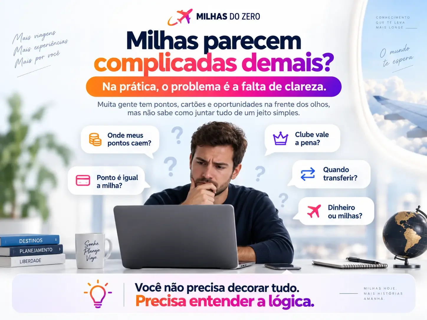 Pessoa em dúvida diante de perguntas comuns sobre pontos e milhas